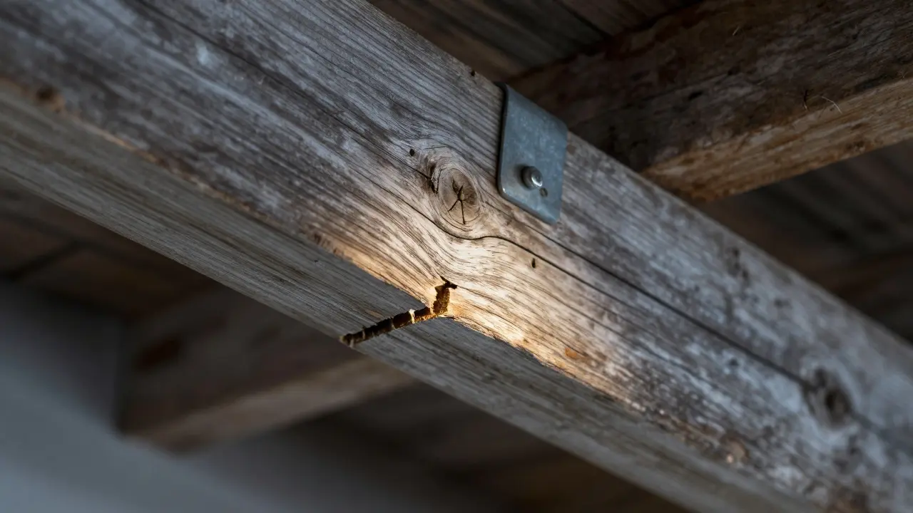 Nahaufnahme eines Risses und Insektenbefalls an einem alten Dachbalken