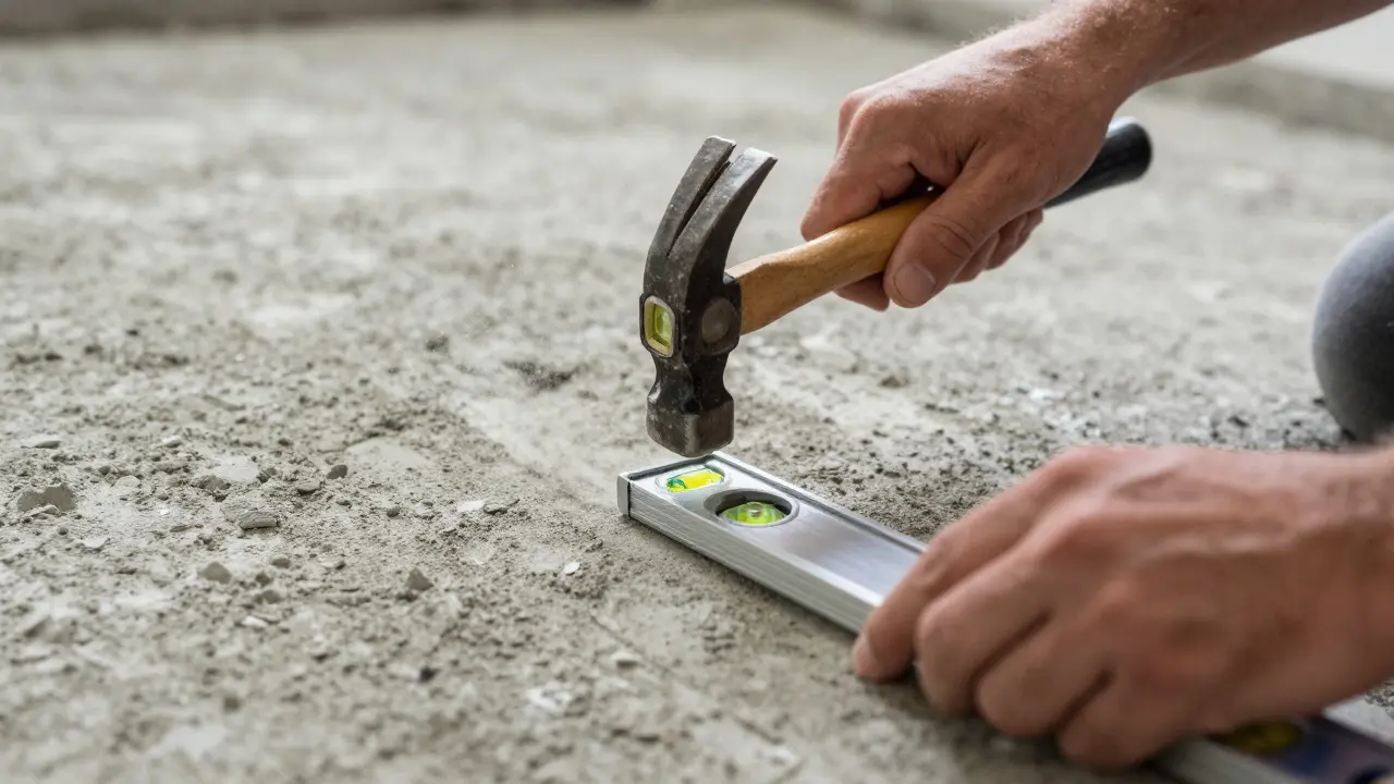 Nahaufnahme: Handwerker prüft Estrich auf Ebenheit mit Wasserwaage und Hammer.