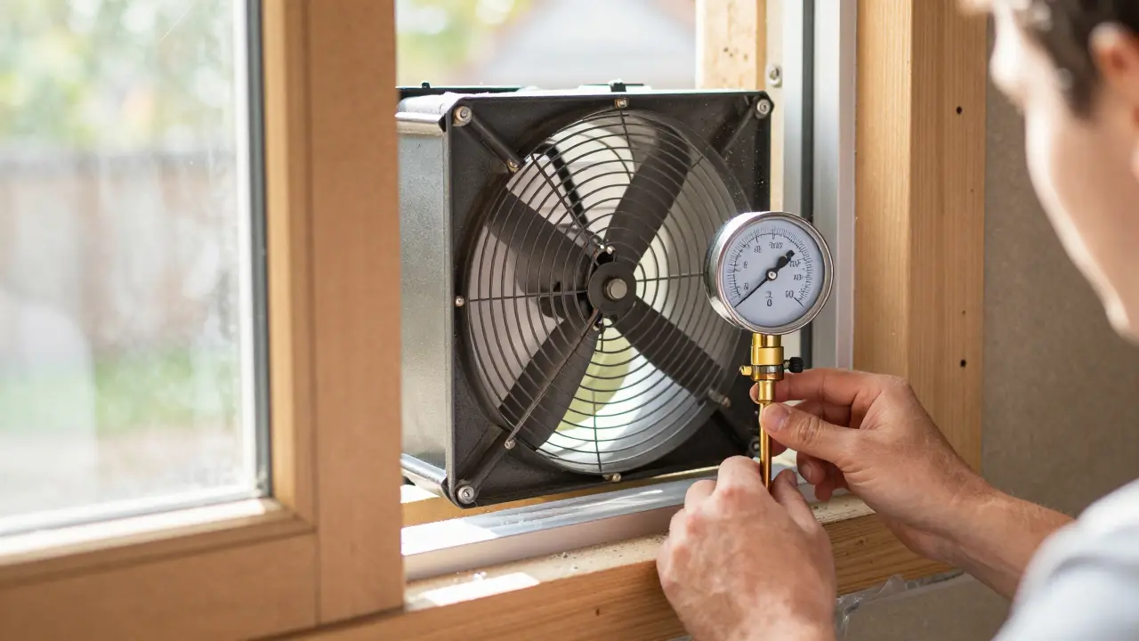 Techniker führt einen Blower-Door-Test an einem Fenster durch