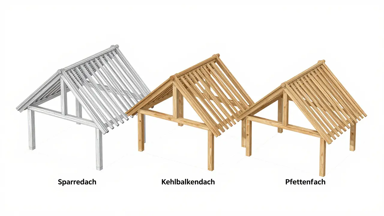 Technische Darstellung der drei Haupttypen von Dachstuhl-Konstruktionen