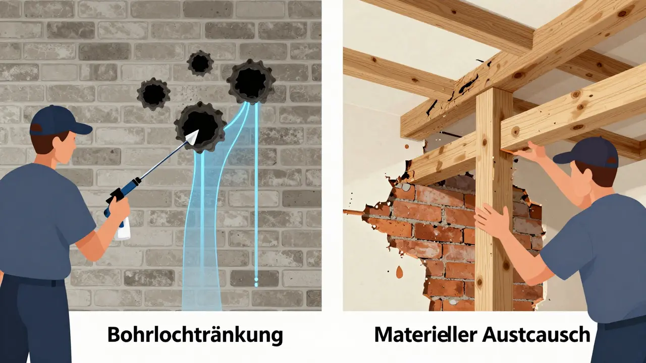 Vergleich chemischer Injektion und materieller Sanierung bei Hausschwamm