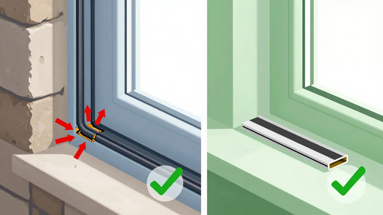 Vergleich von defekter und neuer Fensterdichtung am Mauerwerk