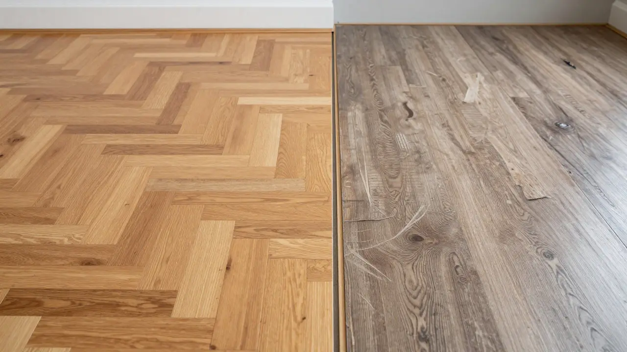 Vergleich von hochwertigem Parkett und abgenutztem Laminat zur Wertdarstellung.