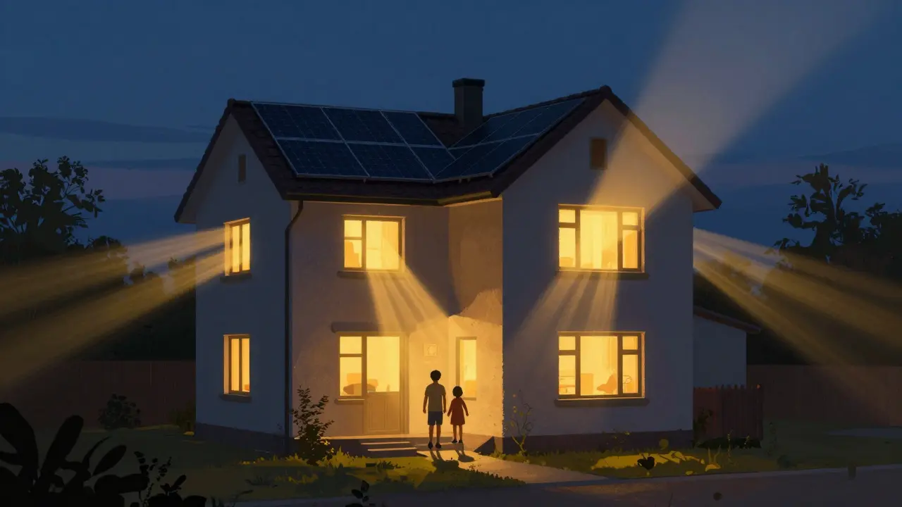 Warm beleuchtetes Haus bei Dämmerung, das durch gespeicherte Solarenergie autonom strahlt