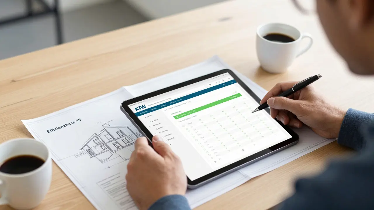 Architekt prüft Baupläne und KfW-Antrag auf digitalem Tablet am Schreibtisch
