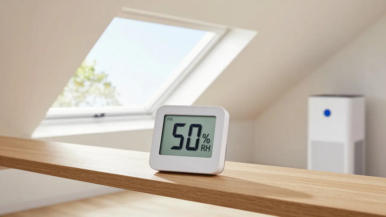 Digitales Hygrometer zeigt 50% Luftfeuchtigkeit im hellen, belüfteten Keller