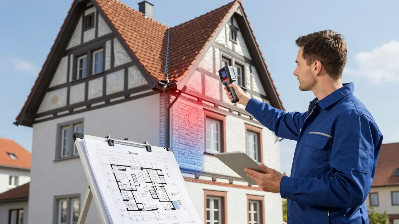 Energieberater prüft Hausfassade mit Wärmebildkamera und Tablet