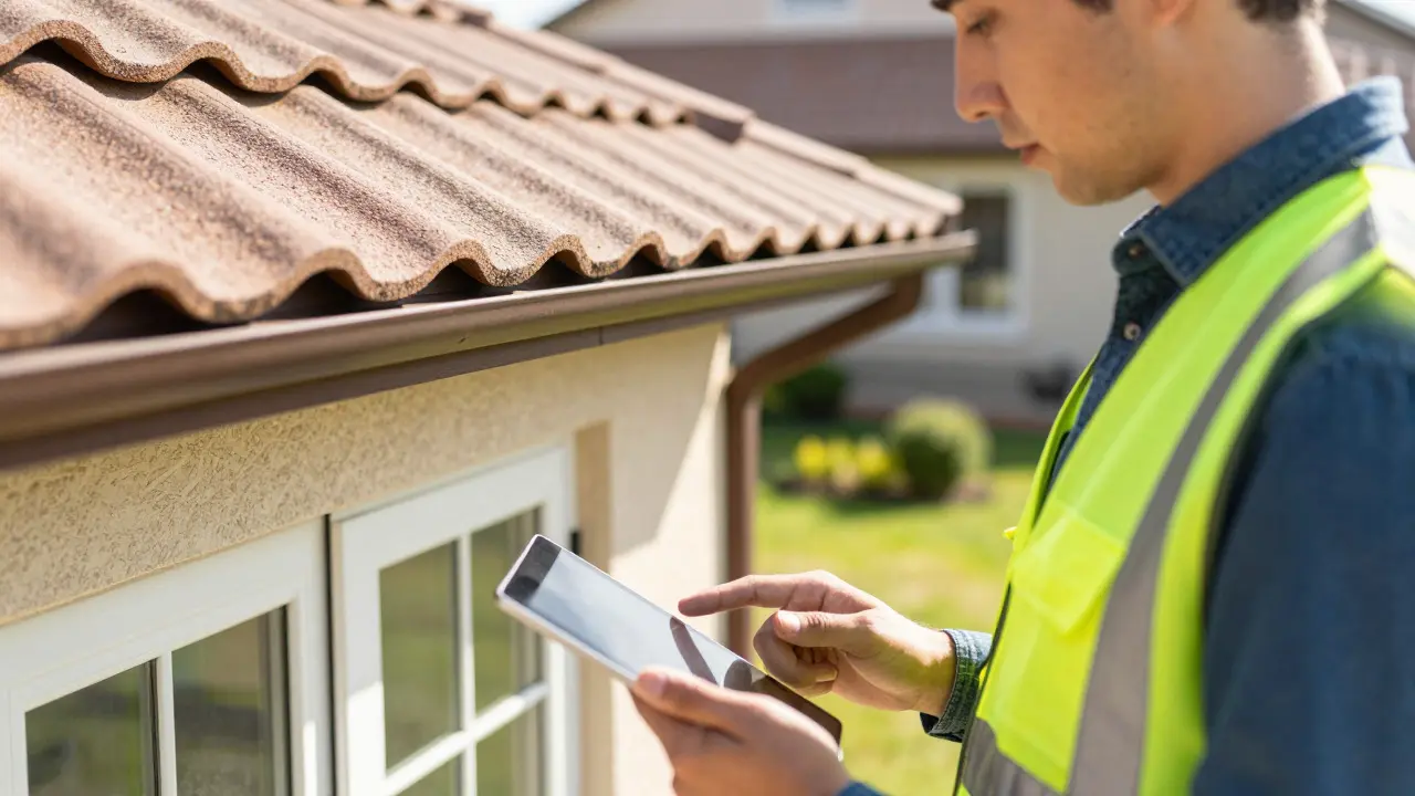Gutachter prüft genau die Fassade eines Hauses mit Tablet