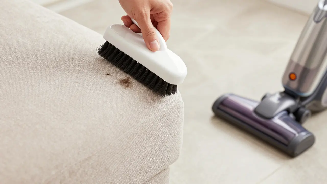 Hand putzt Sofa mit Gummibürste, Staubsauger daneben auf Vinylboden