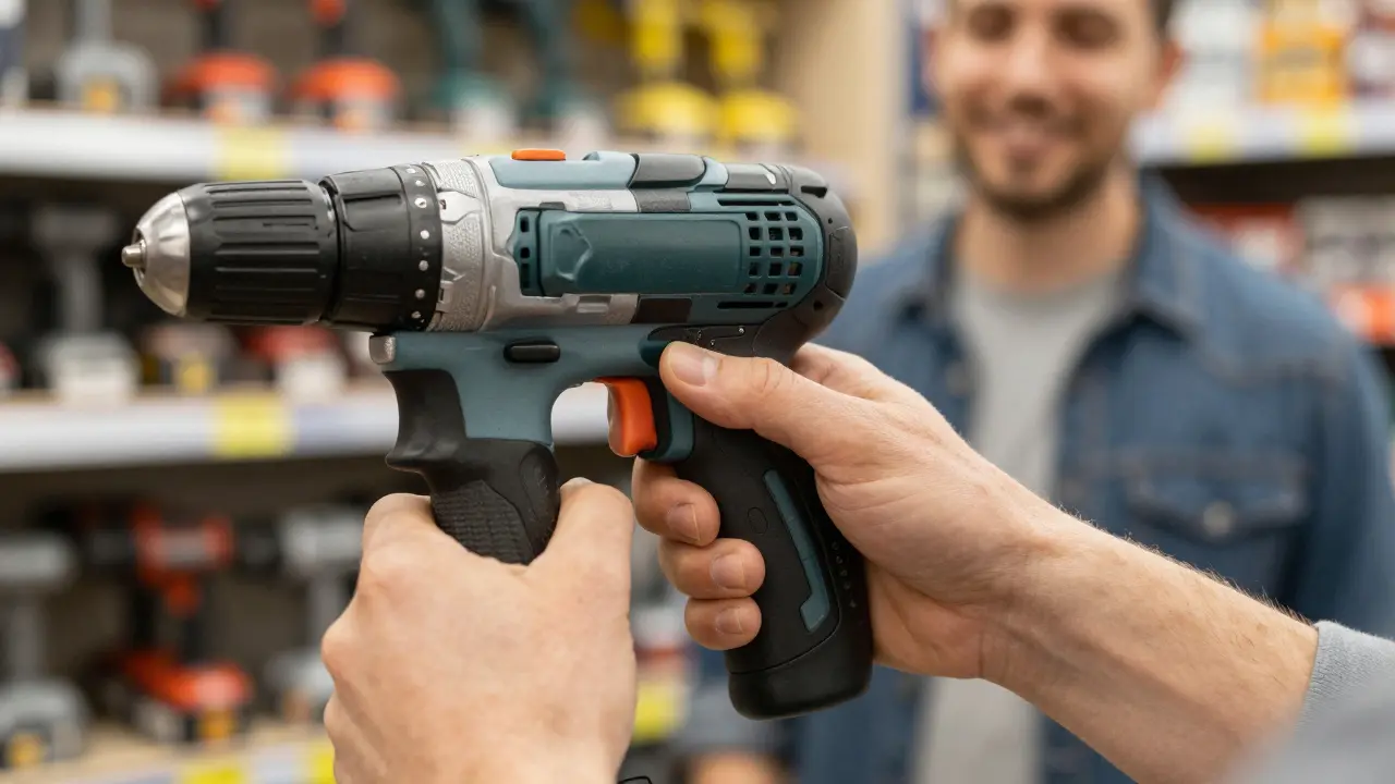 Hände prüfen die Qualität einer Bohrmaschine mit Beratung vor Ort