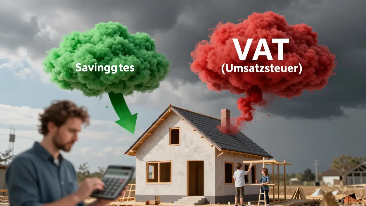 Hausbau mit Kontrast zwischen Grunderwerbsteuersparnis und zusätzlicher Umsatzsteuerlast