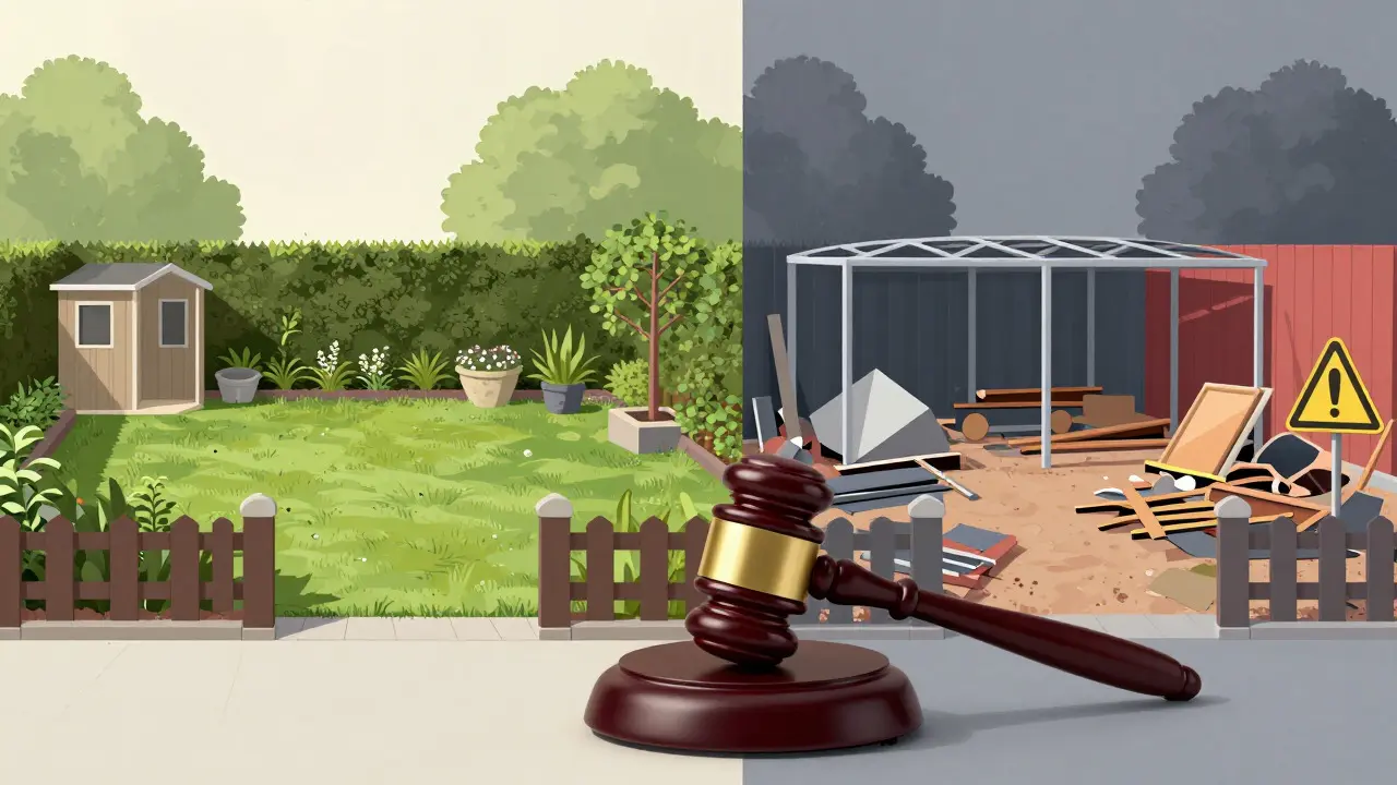 Konzeptbild: Geordneter Garten vs. unrechtmäßiger Umbau mit Hammer