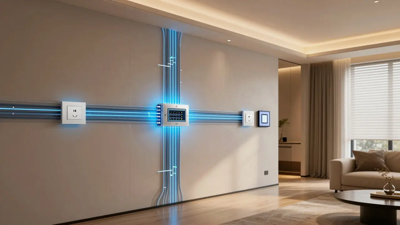 Konzeptbild: Versteckte Smart-Home-Kabel hinter modernen Wänden