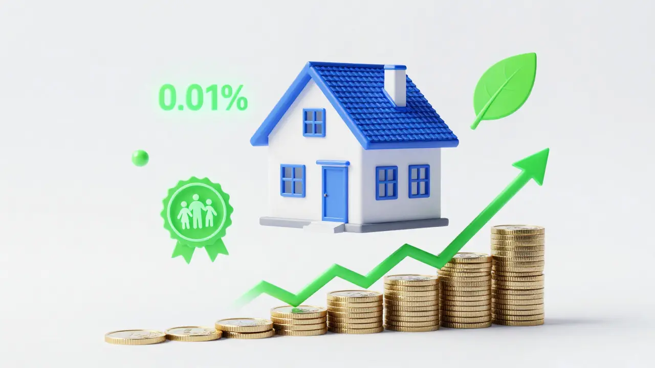 Konzeptillustration: Hausmodell über steigendem Finanzdiagramm mit Euro-Münzen