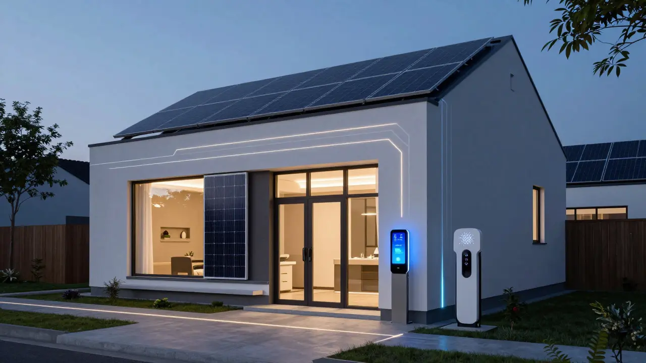 Modernes Haus mit Solaranlagen und Energieleitungen im Dämmerlicht