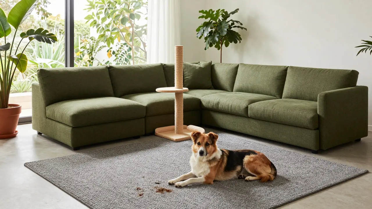 Modernes Wohnzimmer mit Öko-Sofa, Kratzbaum und Hund auf Flachflorteppich