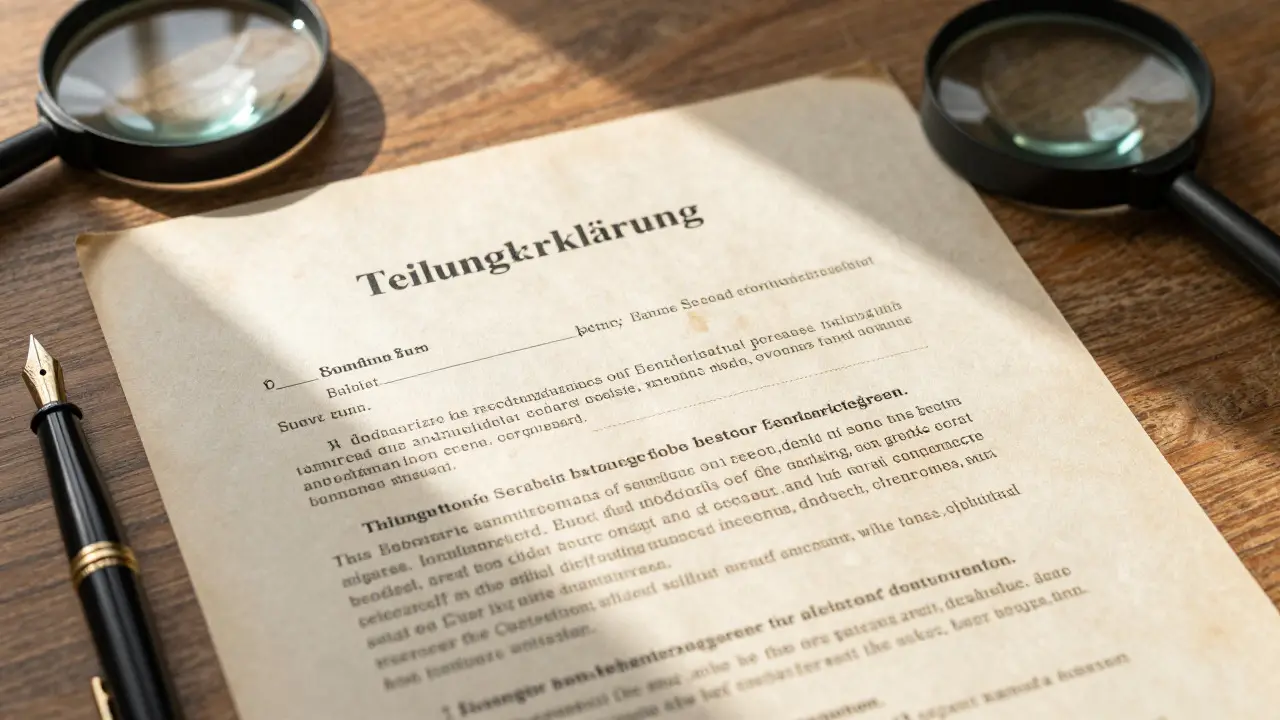 Nahaufnahme einer Teilungserklärung auf einem Schreibtisch mit Lupe