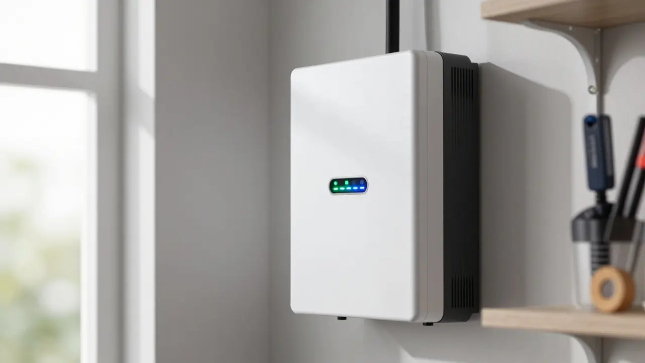 Nahaufnahme eines modernen Batteriespeichers und Wechselrichters im Hauskeller