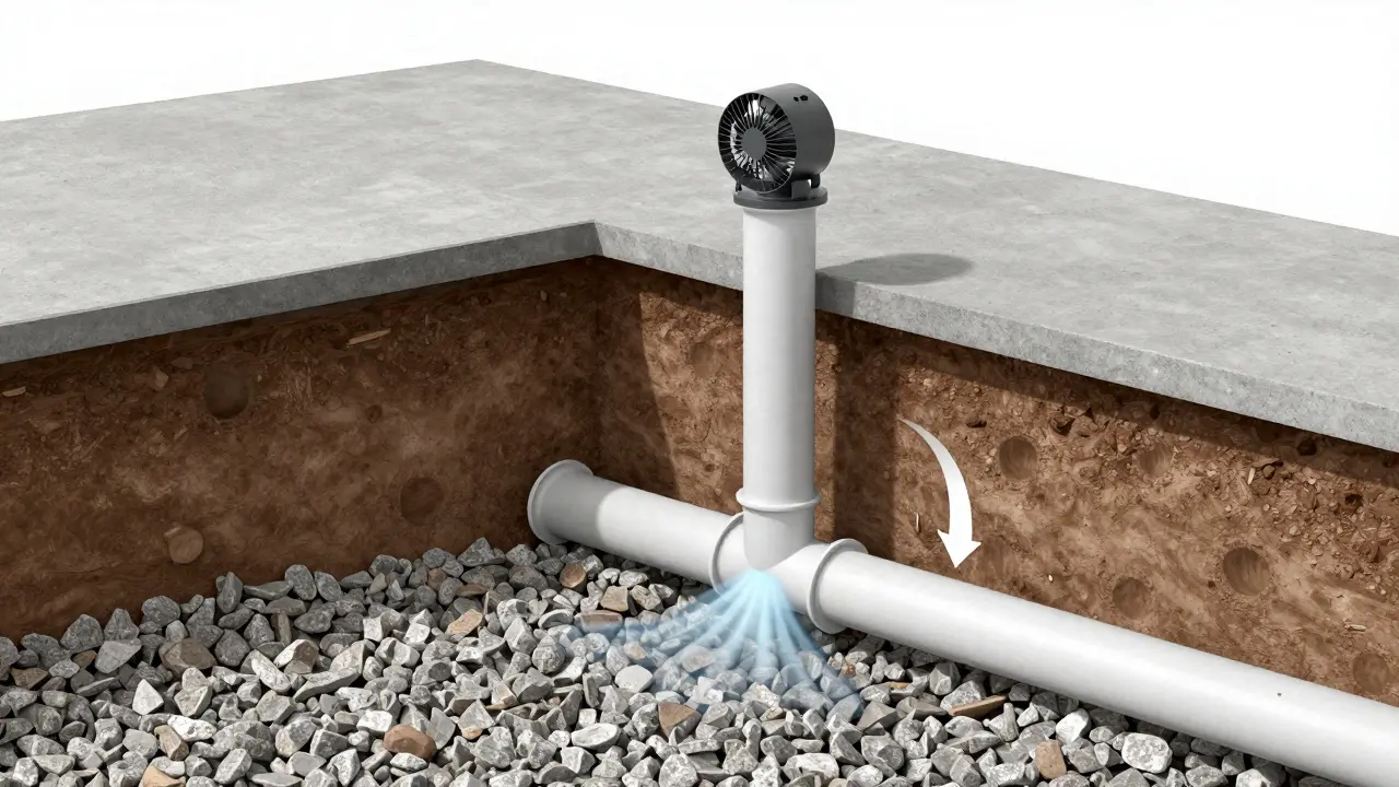 Schnittzeichnung eines aktiven Radon-Absaugsystems im Fundament
