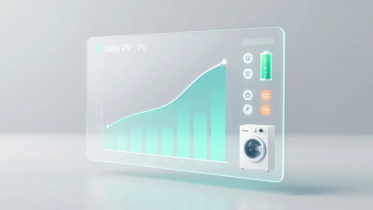 Abstrakte Darstellung einer Energie-App-Oberfläche mit Solar- und Verbrauchsdaten