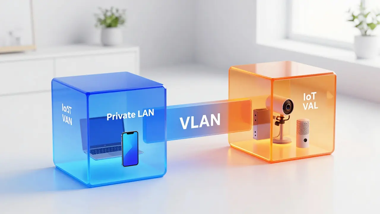Abstrakte Darstellung von VLAN-Trennung zwischen privaten und IoT-Geräten