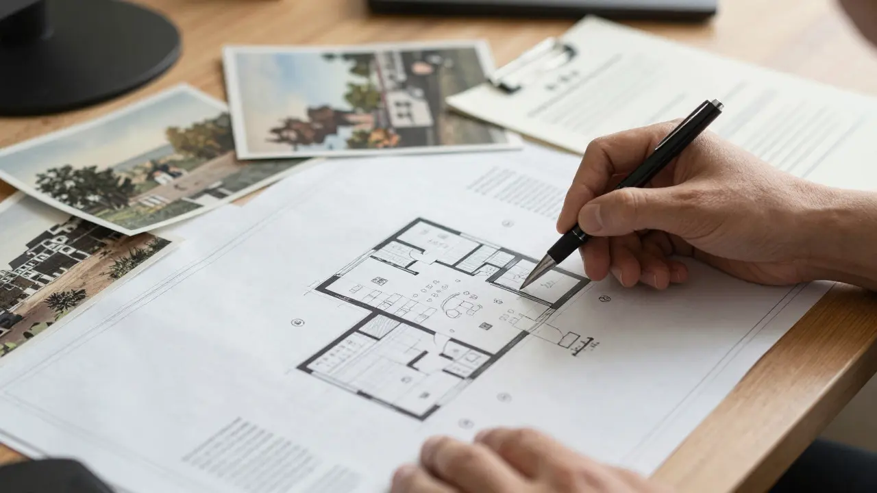Architekturpläne und Dokumente auf einem Schreibtisch für Denkmalschutz