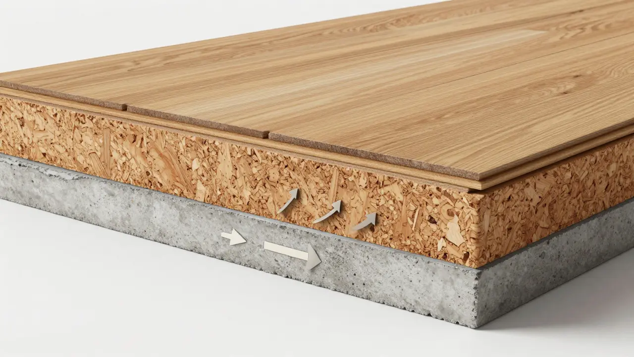 Cross-section diagram showing cork underlayment absorbing sound between laminate and concrete