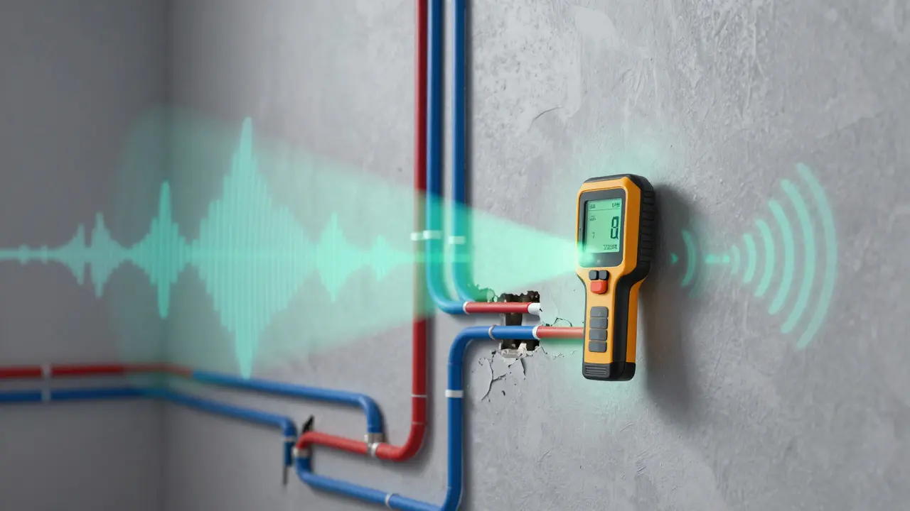 Digital detector scanning a wall to locate hidden pipes