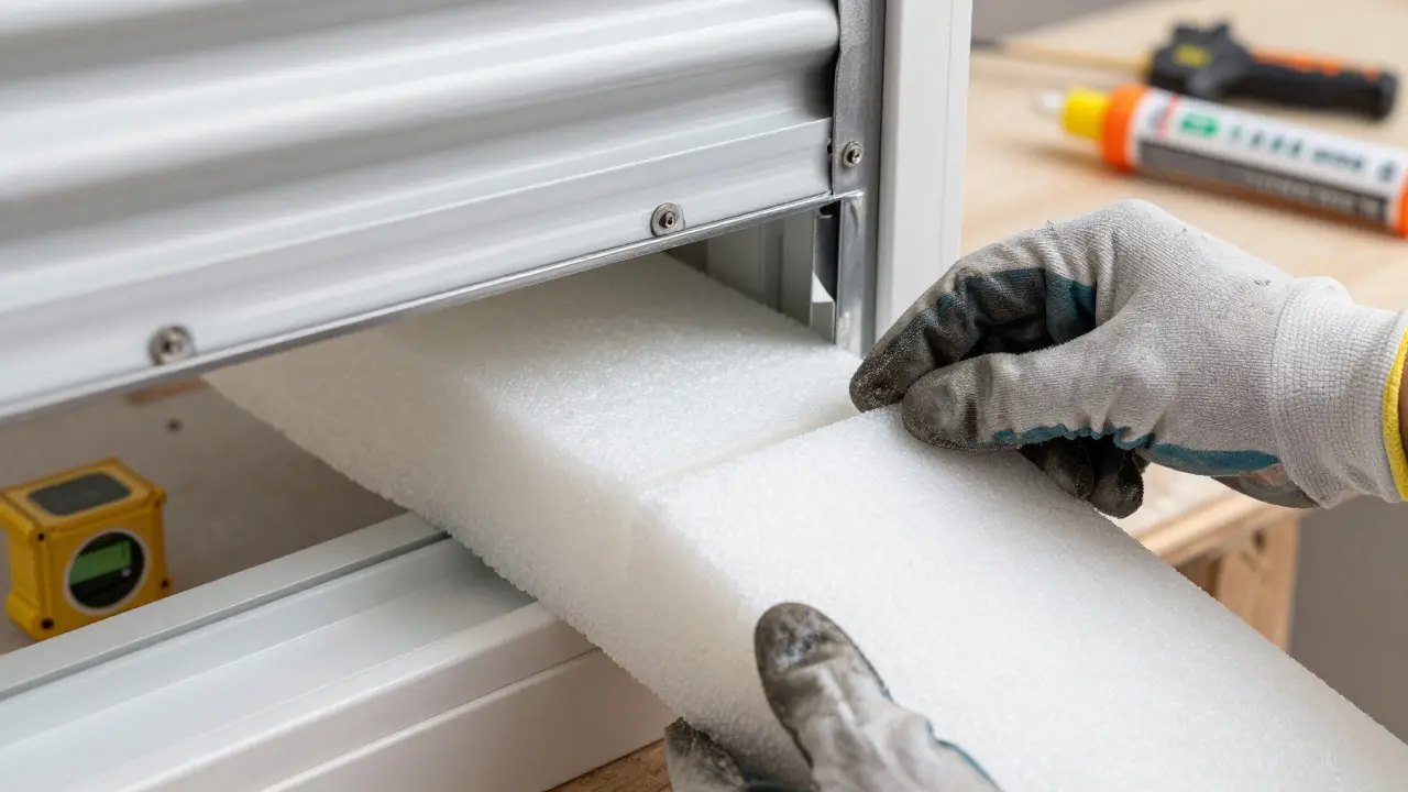 Einbau von EPS-Dämmplatten in den Rollladenkasten während der Montage