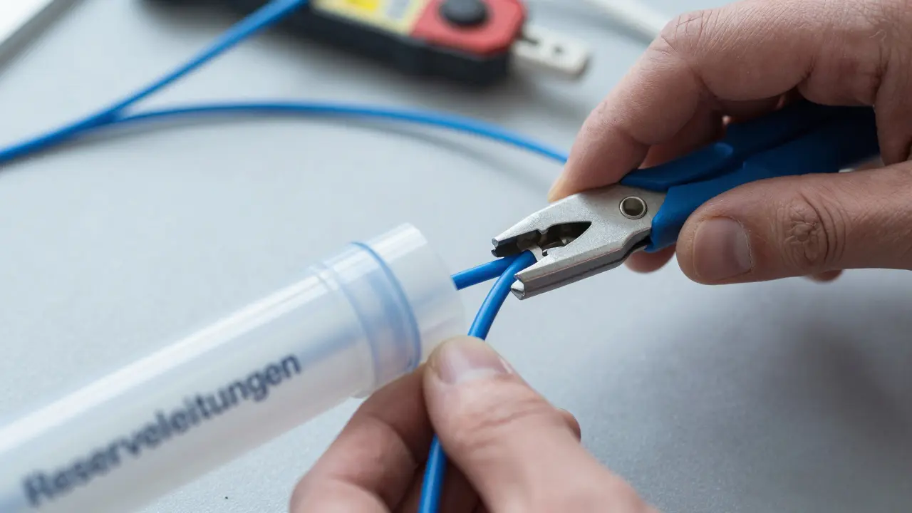 Elektriker zieht ein Glasfaserkabel durch ein Leerrohr mit ausreichend Platz