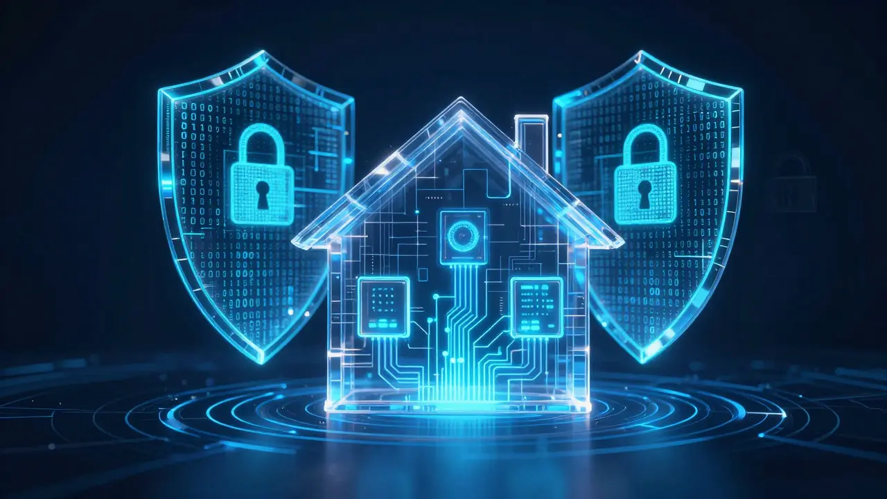 Futuristisches Haus mit Smart-Home-Technologie, geschützt durch ein digitales Datensicherheitsschild.