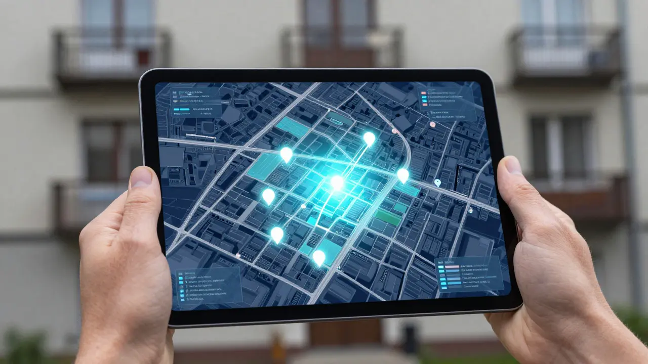 Hand hält Tablet mit holografischer Lageanalyse einer Wohngegend
