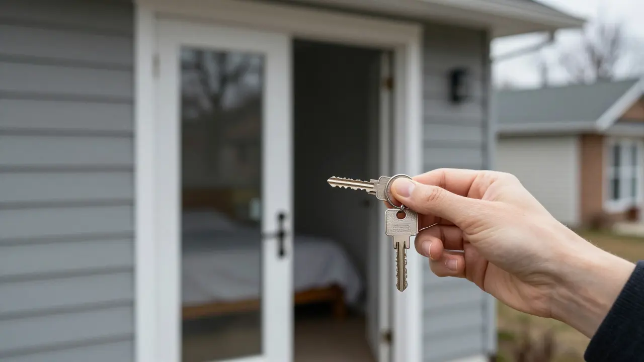 Hand mit Schlüssel vor der Tür eines leerstehenden Hauses in einem Viertel mit hoher Leerstandsquote