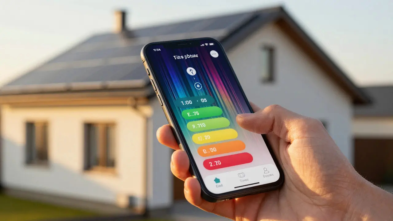 Hand mit Smartphone vor einem Haus mit Solarpanels bei Sonnenuntergang