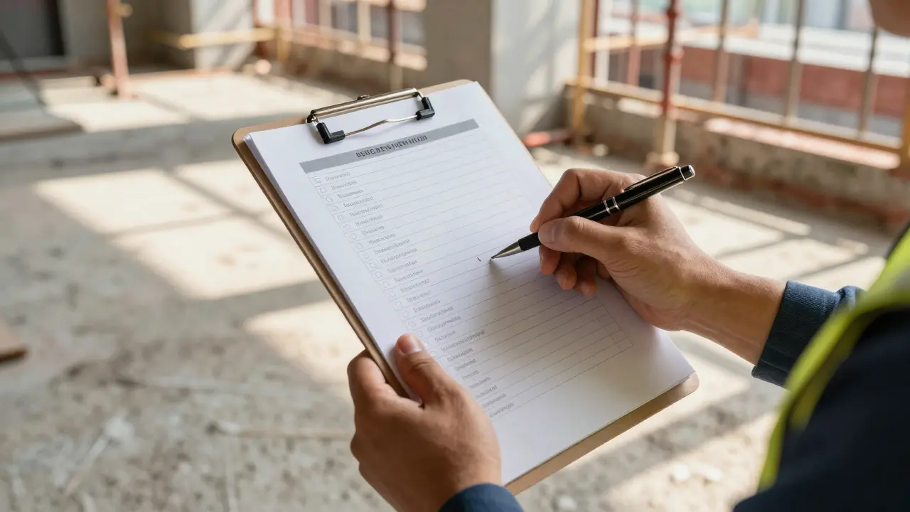 Hände halten eine Checkliste auf einer Baustelle