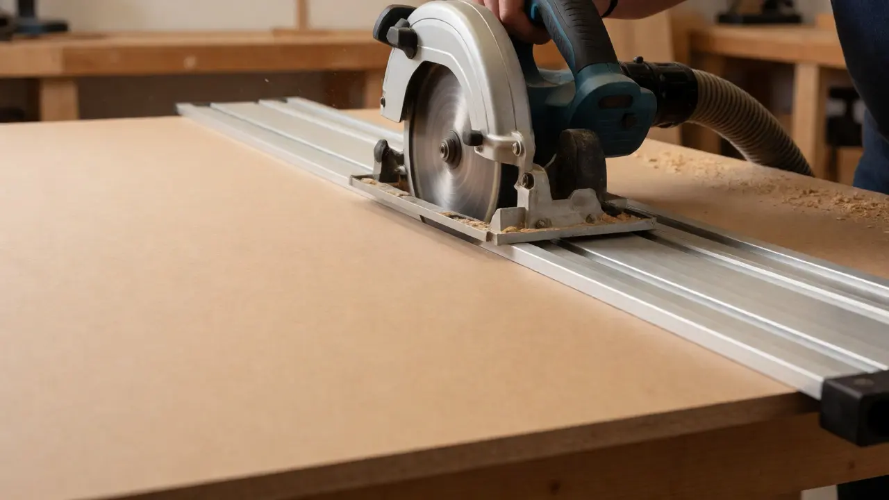 Handkreissäge auf Führungsschiene schneidet MDF-Platte