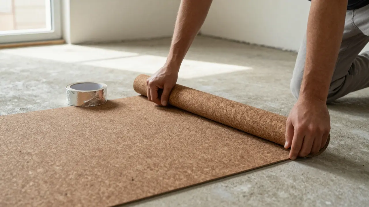 Hands installing cork underlayment rolls on a concrete floor with aluminum tape nearby
