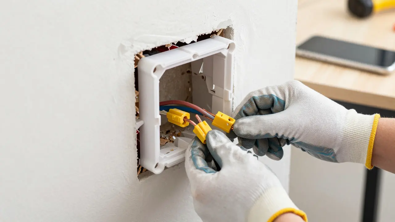Hands repairing an electrical cable inside a wall box
