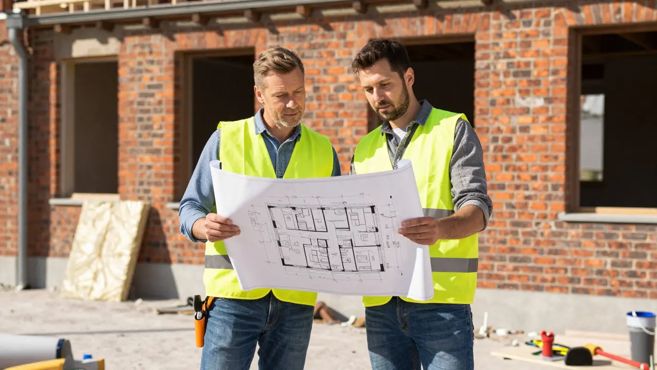 Hausbesitzer und Handwerker besprechen Pläne vor einem renovierten Gebäude