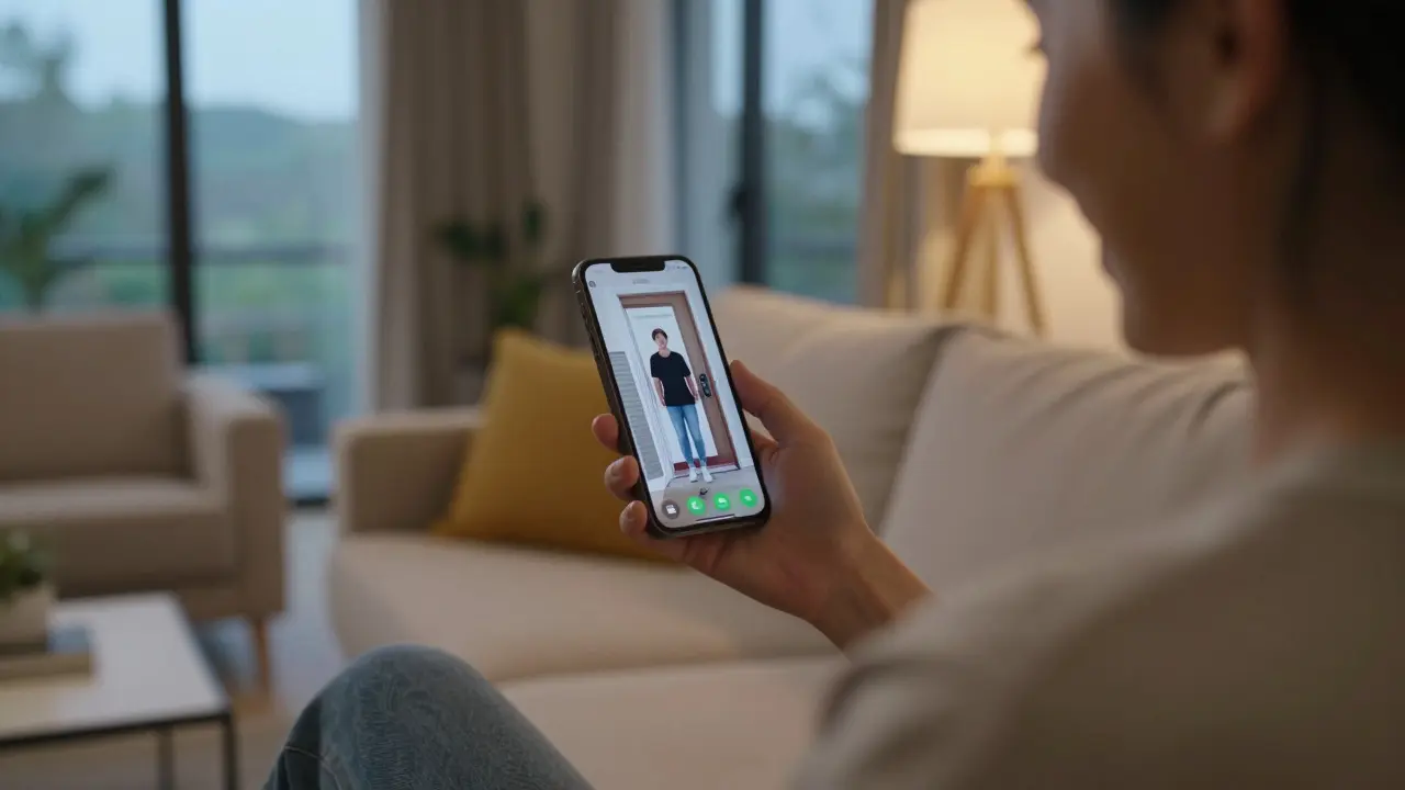 Person im Wohnzimmer bedient eine App am Smartphone zur Türsteuerung