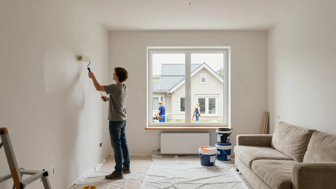 Person streicht eine Wand im Rahmen der Eigenleistung während der Sanierung