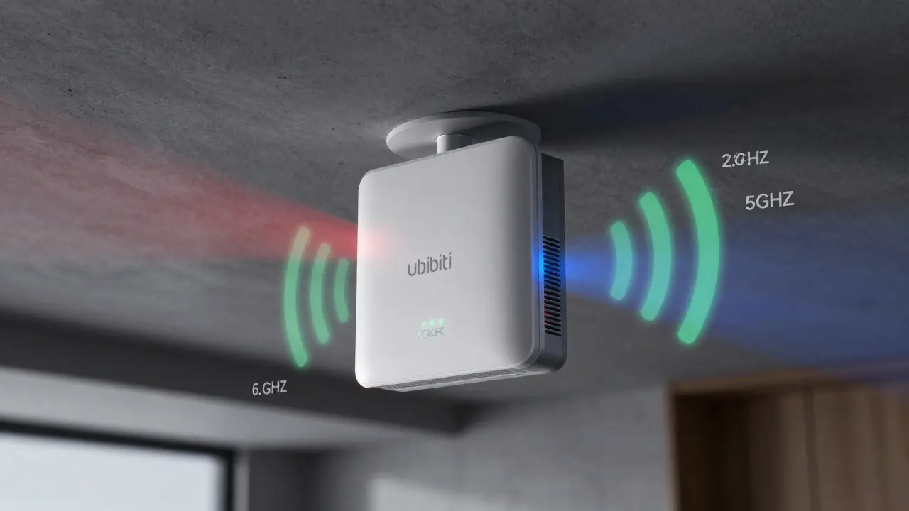 Professioneller Access Point an der Decke mit sichtbaren WLAN-Signalen