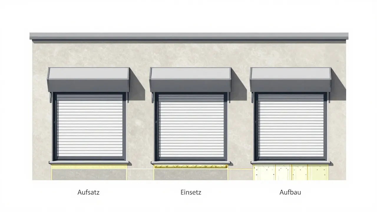 Querschnitt der drei Rollladenkasten-Typen an einer Hausfassade