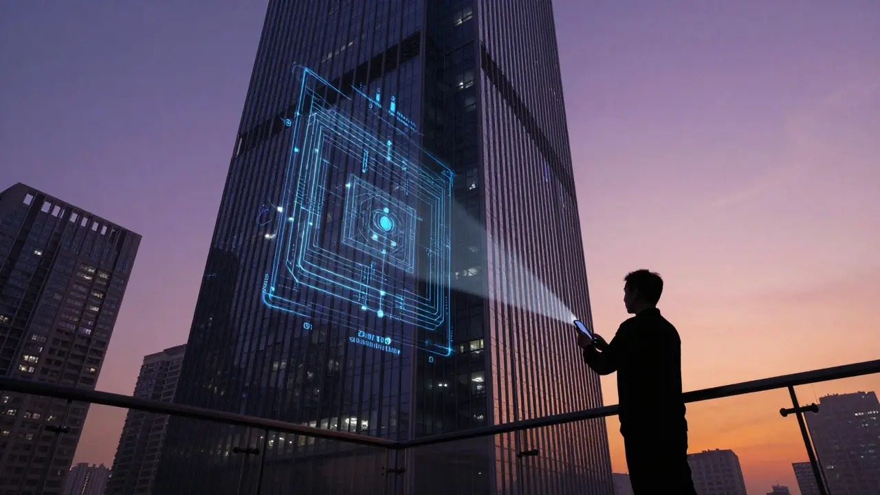 Skyscraper with glowing data overlays representing tokenized ownership