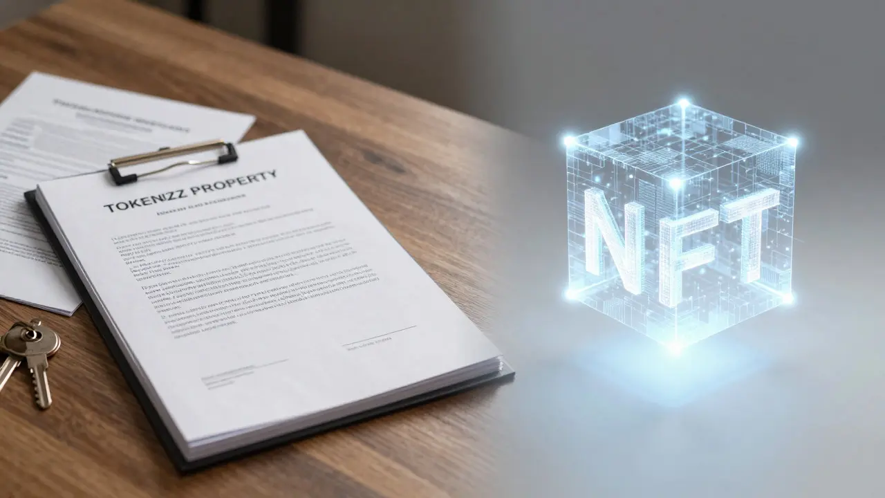 Split view comparing physical real estate documents with a digital NFT cube