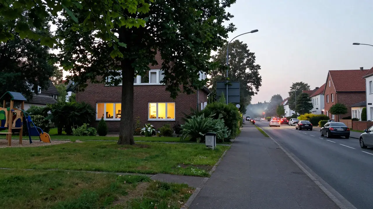 Zwei benachbarte Häuser in Deutschland, eines zum Park, eines zur lauten Straße