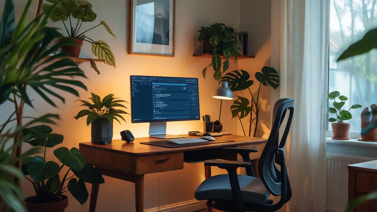 Ästhetisches Homeoffice im Scandinavian-Hybrid-Stil mit Pflanzen und warmem Licht.