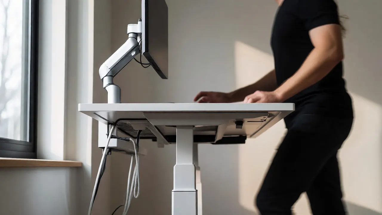 Ergonomischer Arbeitsplatz mit höhenverstellbarem Schreibtisch und sauberem Kabelmanagement.