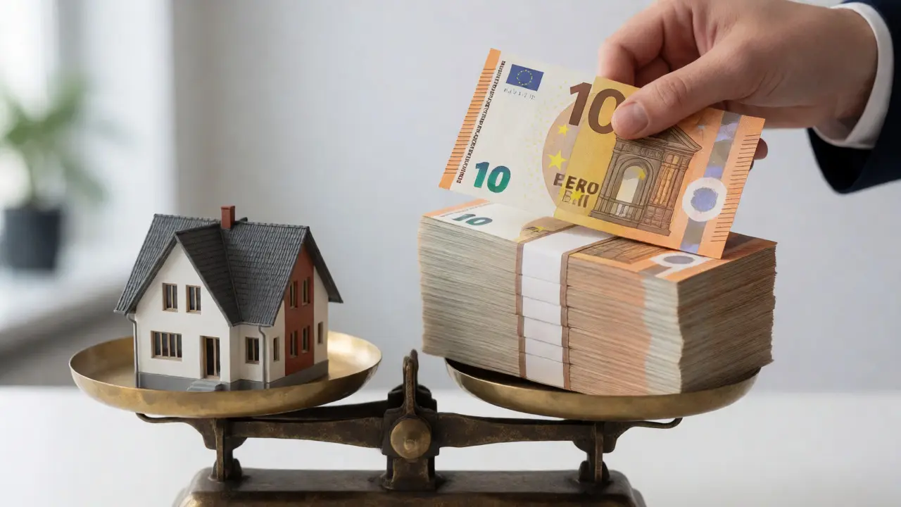 Euro-Scheine auf einer Waage neben einem Hausmodell