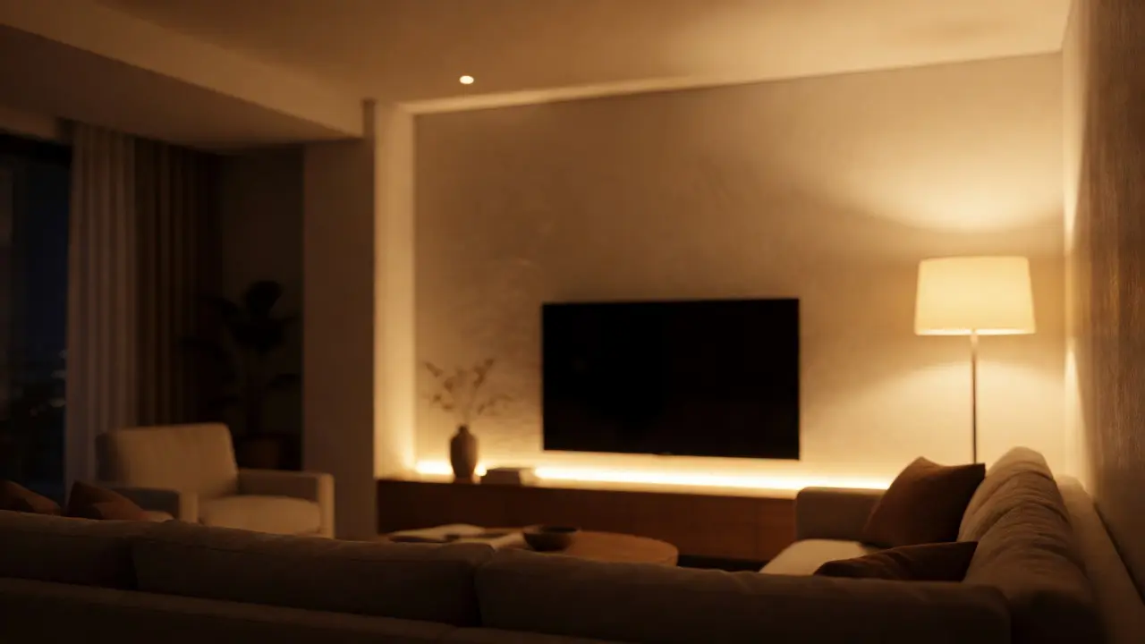 Gemütliches Wohnzimmer mit indirektem Licht und Spots